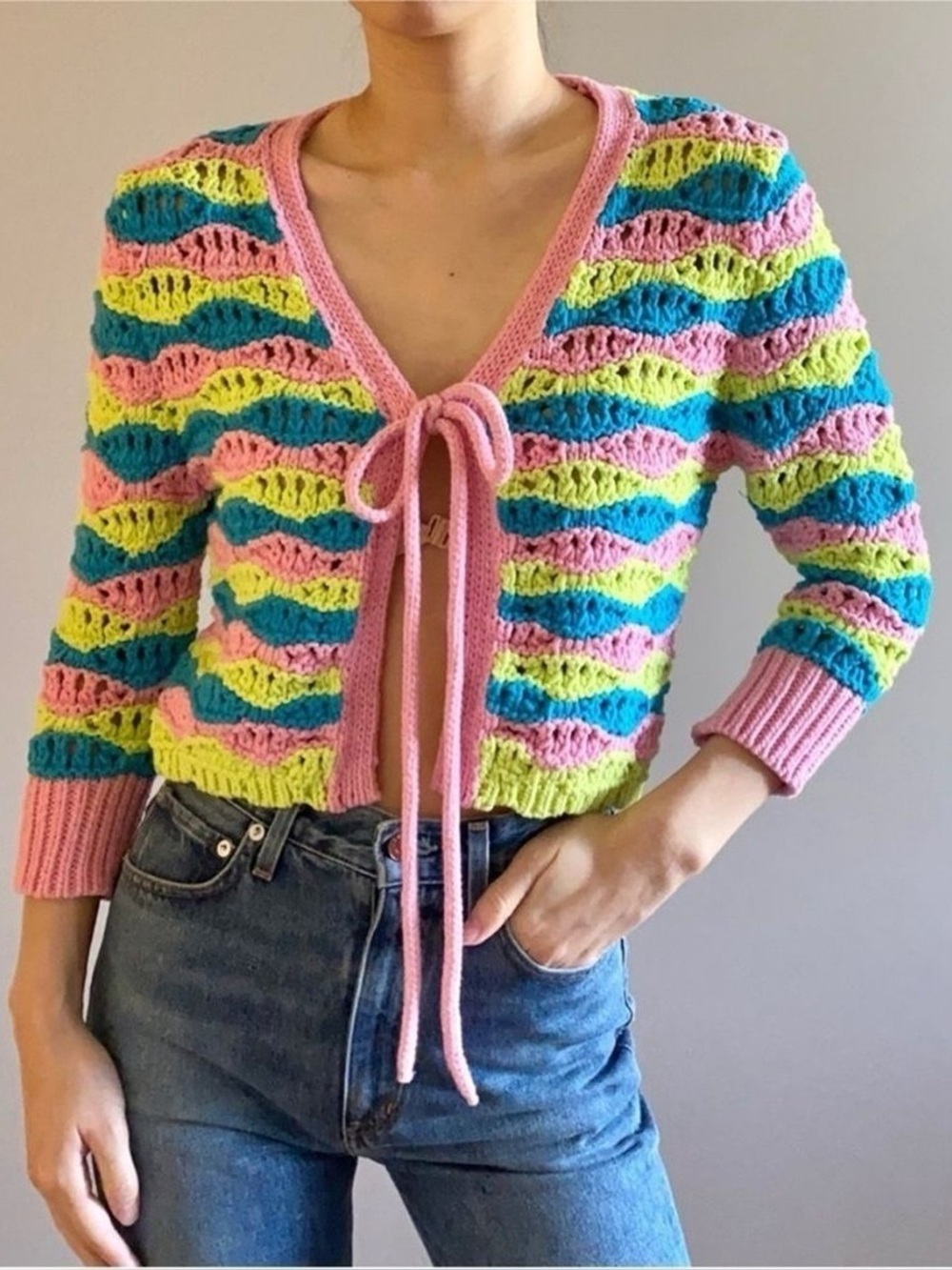 Zara Pastel Striped Openwork Knit Adorable Tie Cardigan Sweater